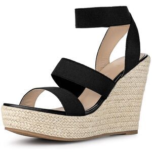 Women's Platform Slingback Elastic Strap Espadrille Wedges Heel Sandals Black